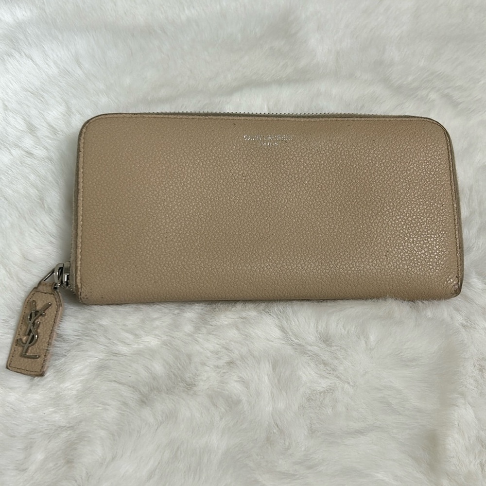 Saint Laurent Nude Taupe Pebbled Leather Rive Gauche Zip Around Wallet
